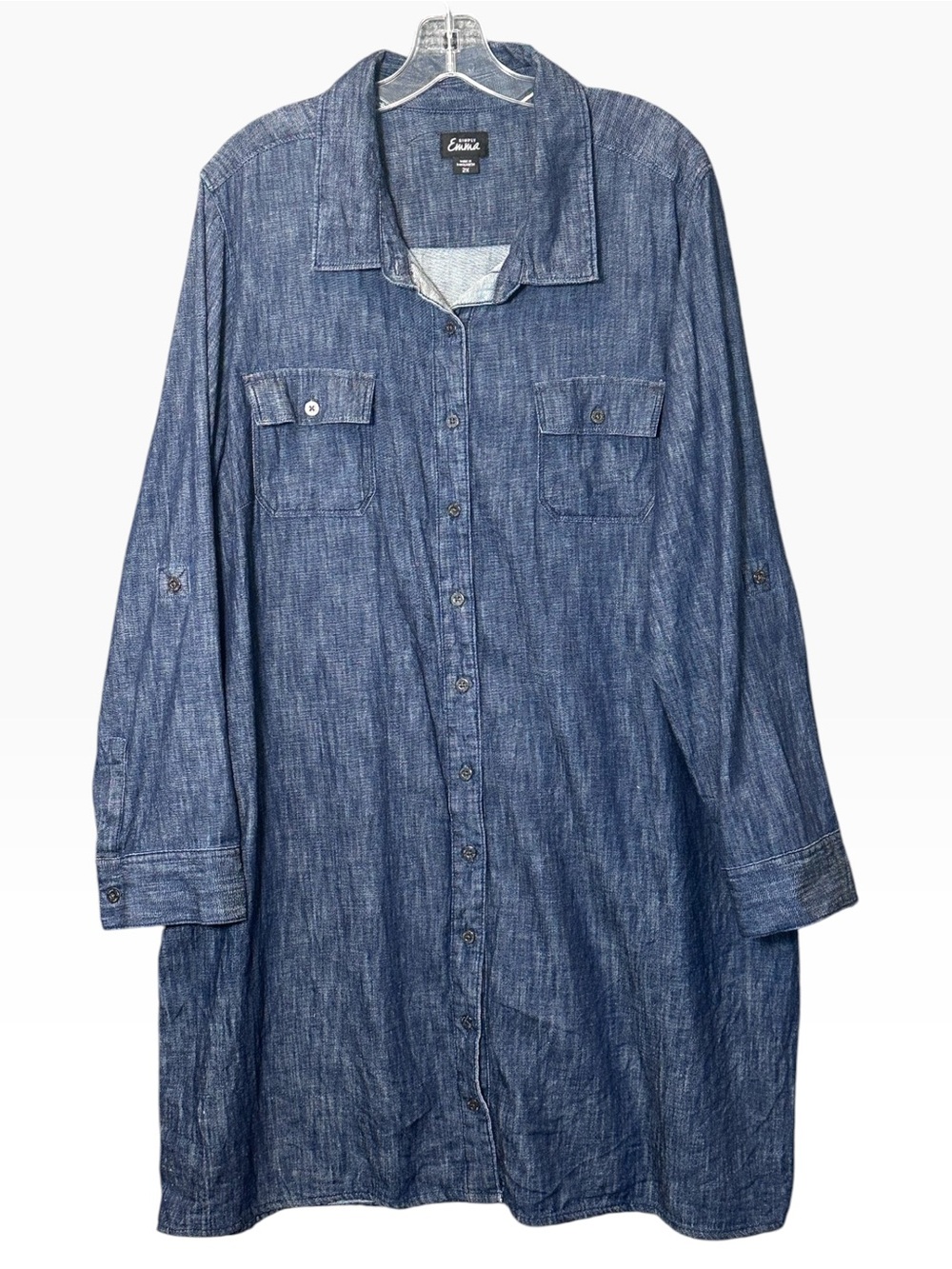 Simply Emma 2X Chambray Shirt Dress Blue Button Front Cotton Roll Tab Sleeve